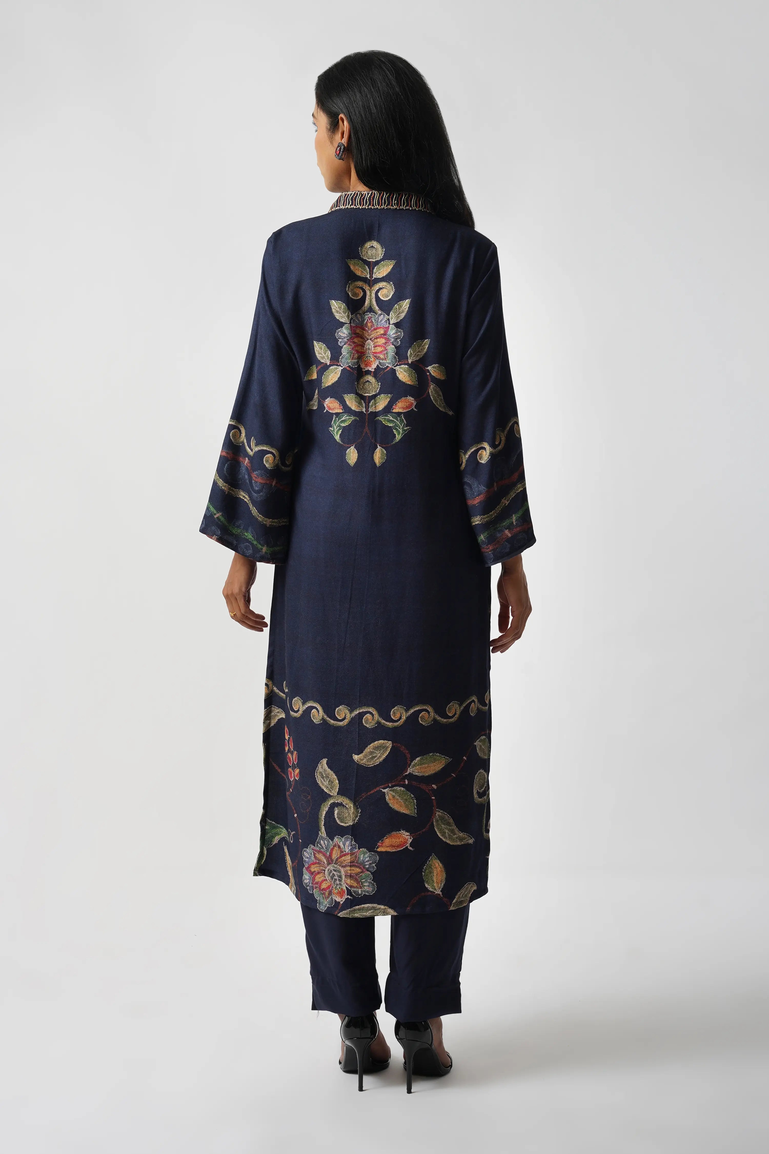 Midnight Navy Pure Pashmina Wool Designer Kurta Set with Embroidery