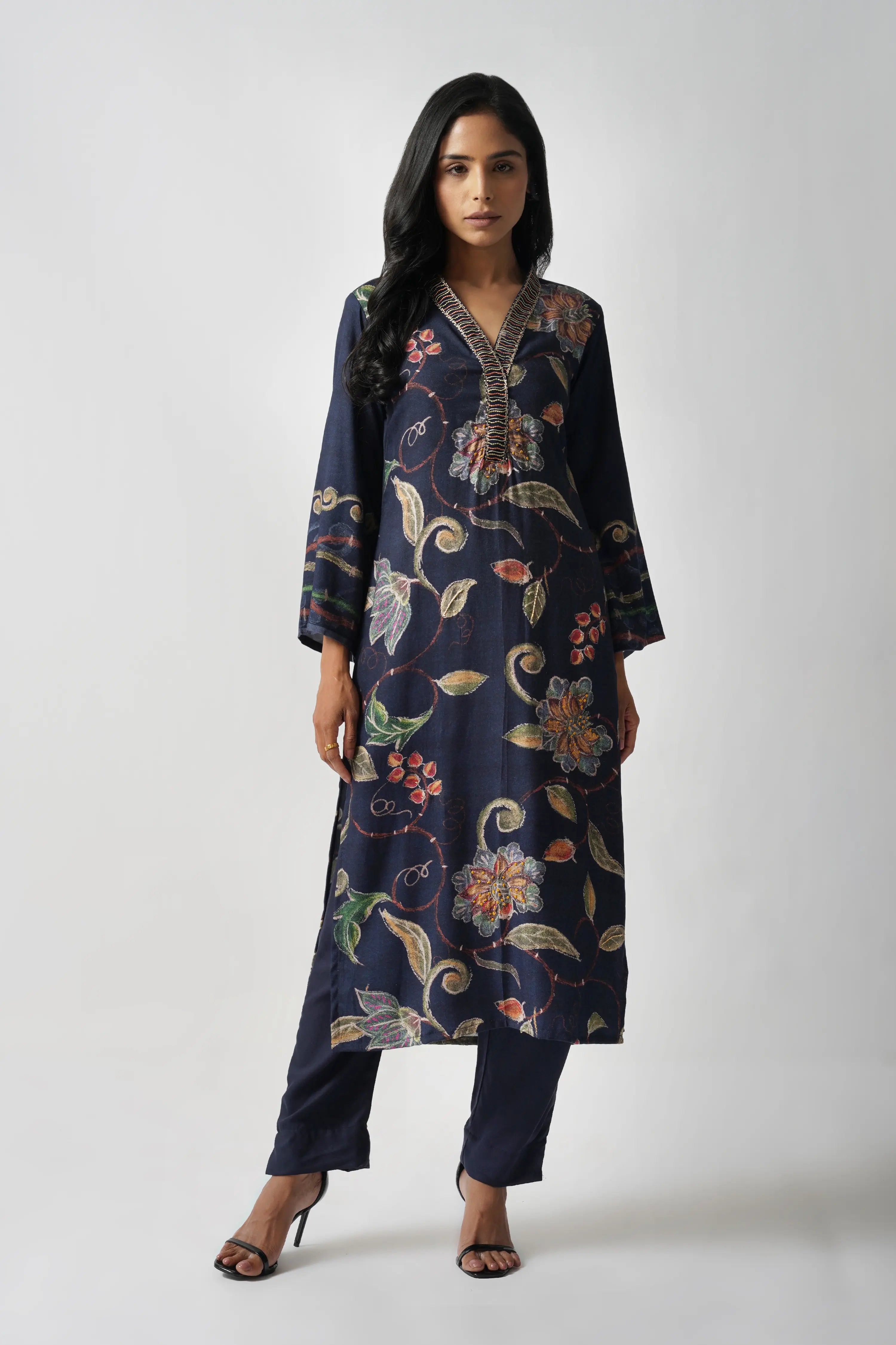 Midnight Navy Pure Pashmina Wool Designer Kurta Set with Embroidery