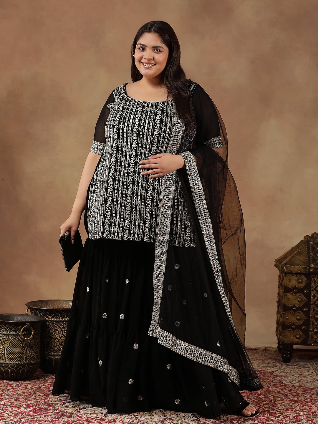 Plus Size Floral Embroidered Thread Work Straight Kurta With Sharara & Dupatta - ID