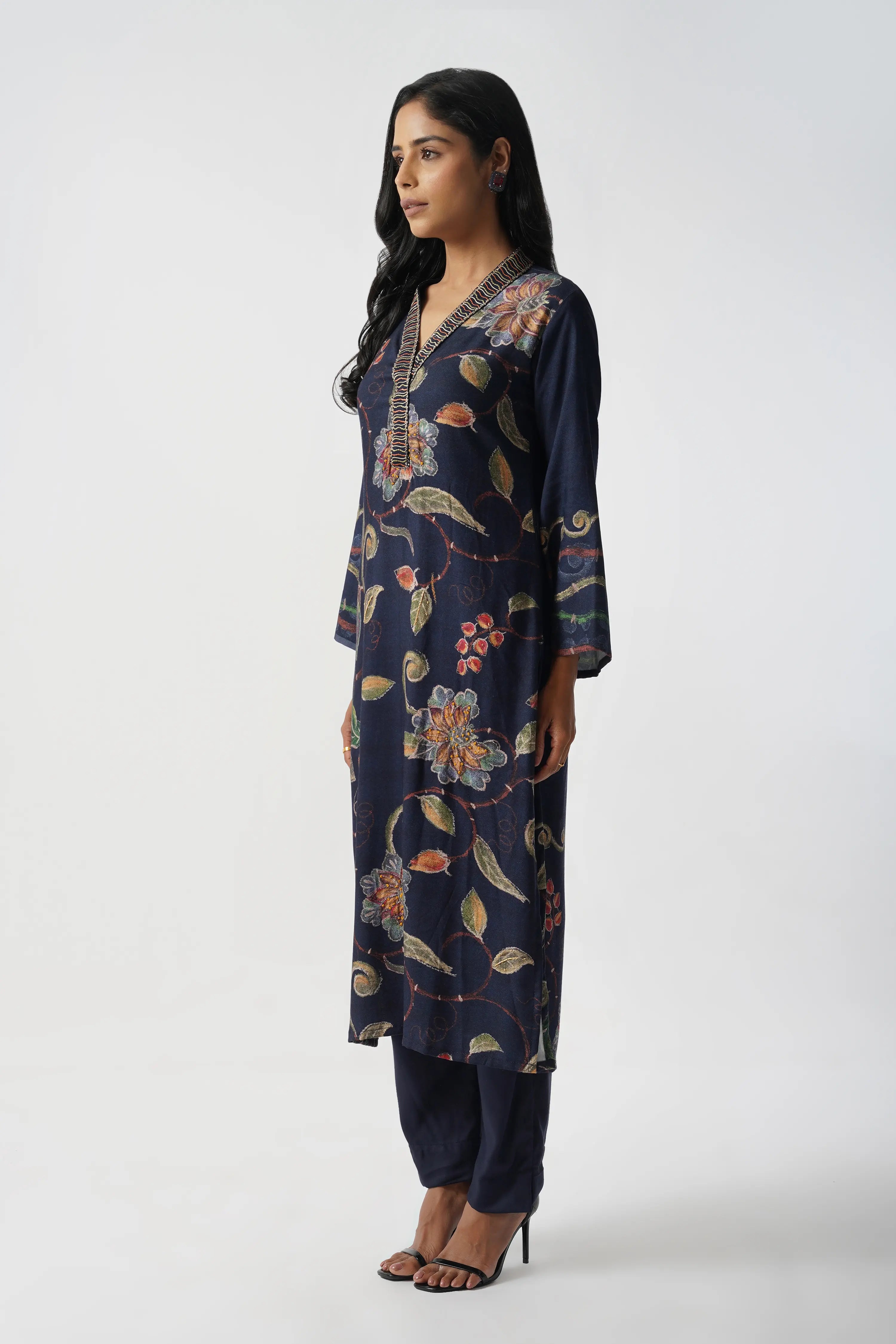 Midnight Navy Pure Pashmina Wool Designer Kurta Set with Embroidery