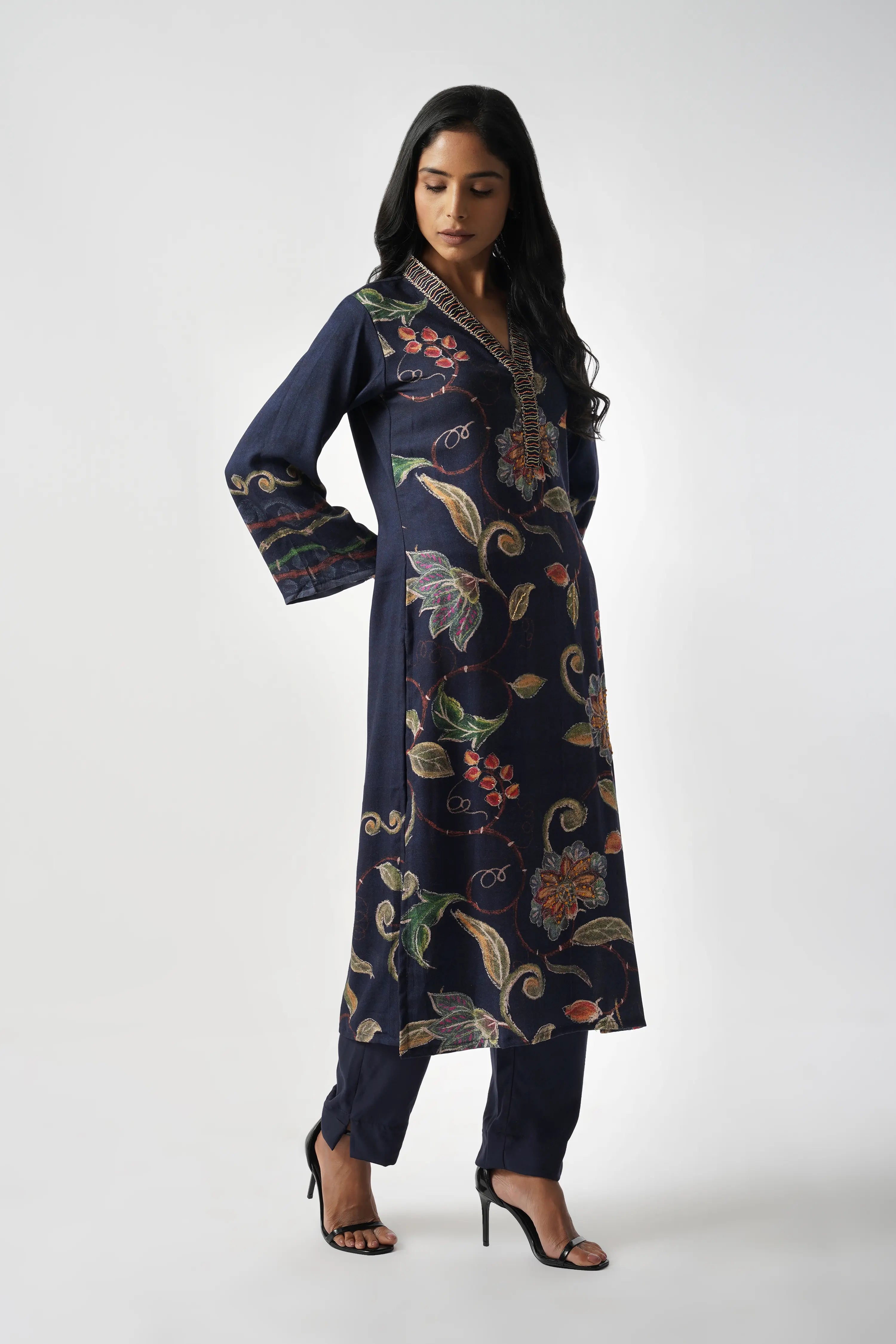 Midnight Navy Pure Pashmina Wool Designer Kurta Set with Embroidery