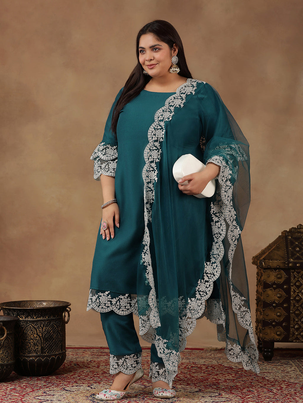 Plus Size Embroidered Thread Work Straight Kurta With Trousers & Dupatta - ID