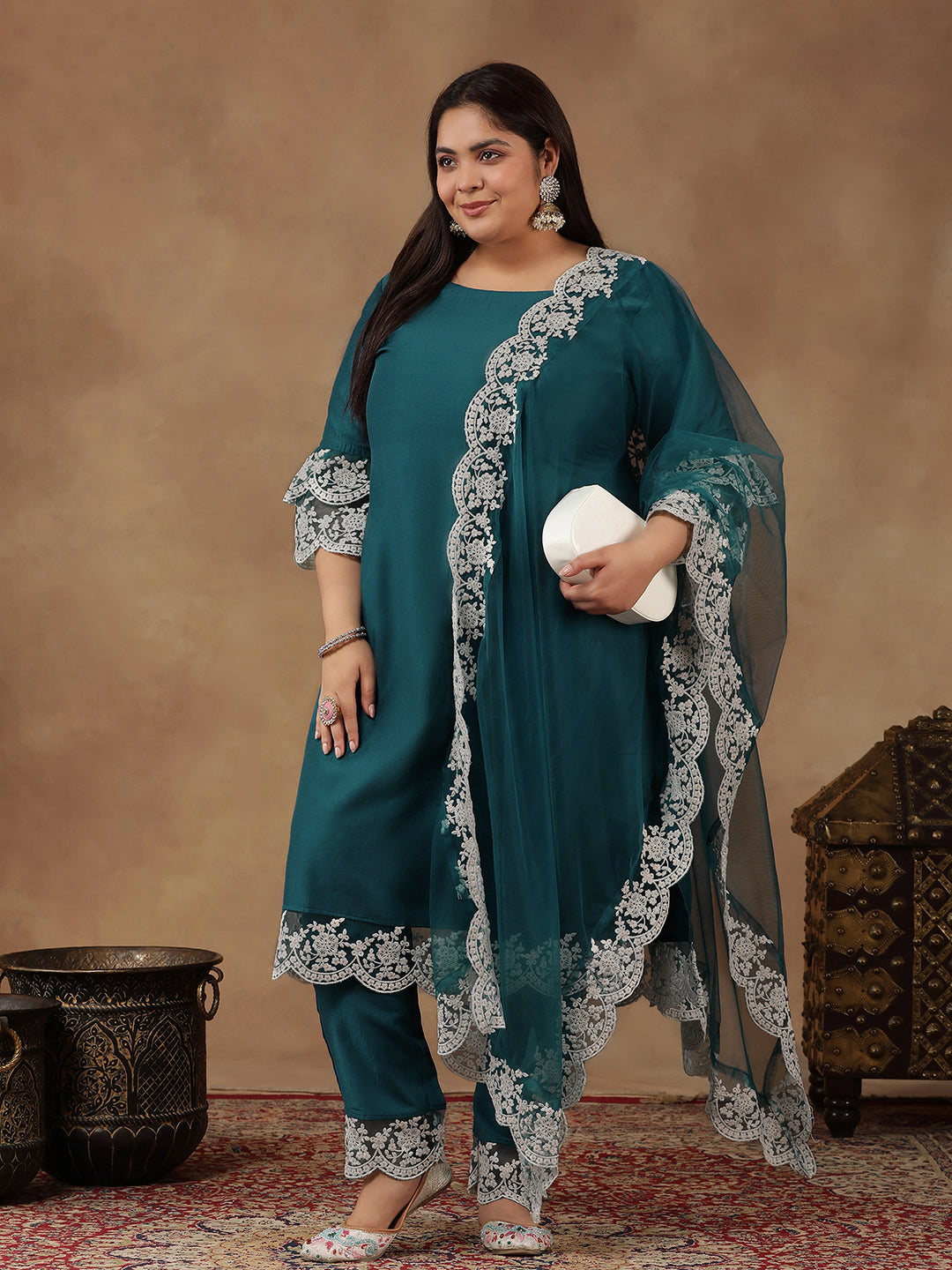 Plus Size Embroidered Thread Work Straight Kurta With Trousers & Dupatta - ID