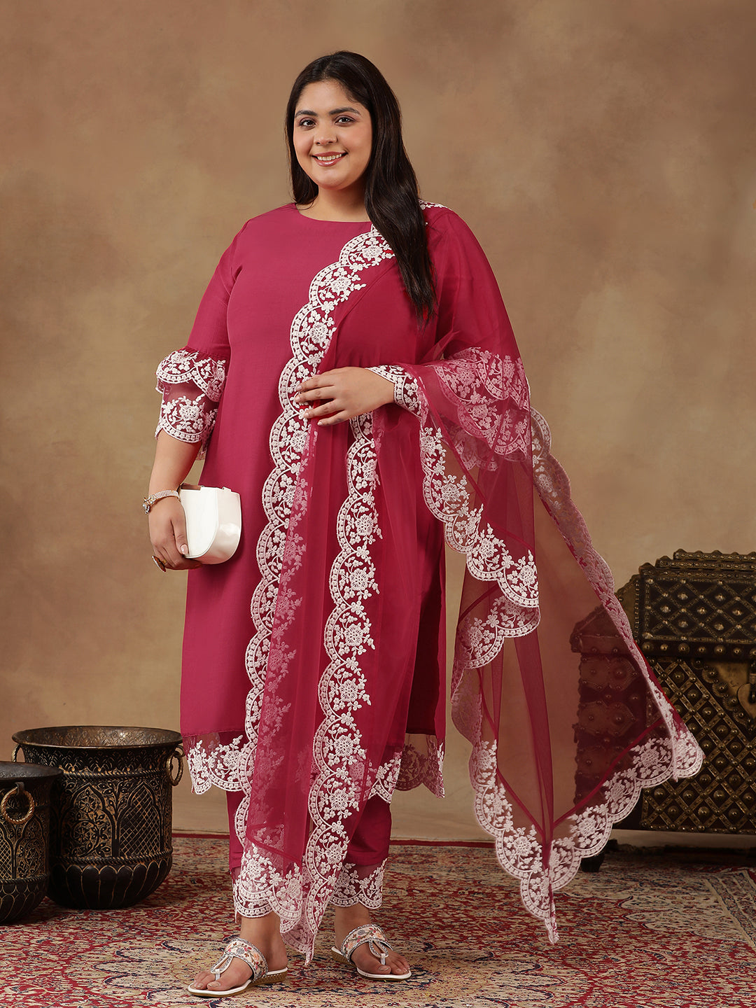 Plus Size Embroidered Thread Work Straight Kurta With Trousers & Dupatta - ID