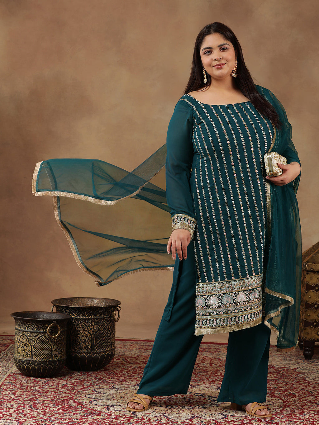 Women Ethnic Motifs Embroidered Regular Thread Work Kurta with Palazzos & With Dupatta - ID