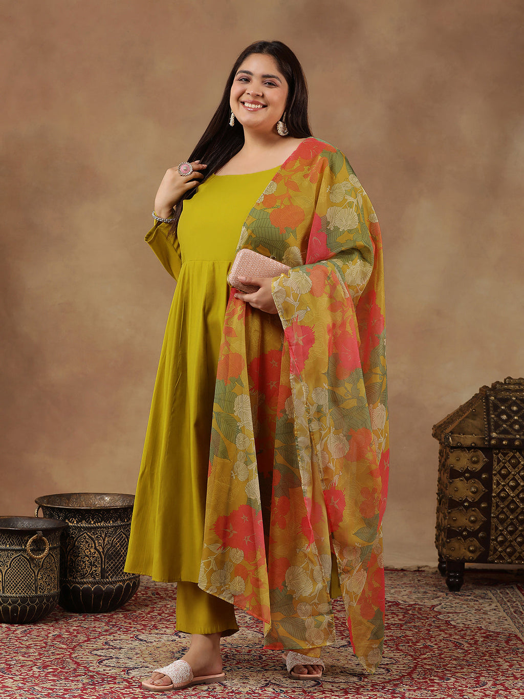 Round Neck Empire Anarkali Kurta With Trousers & Dupatta - ID