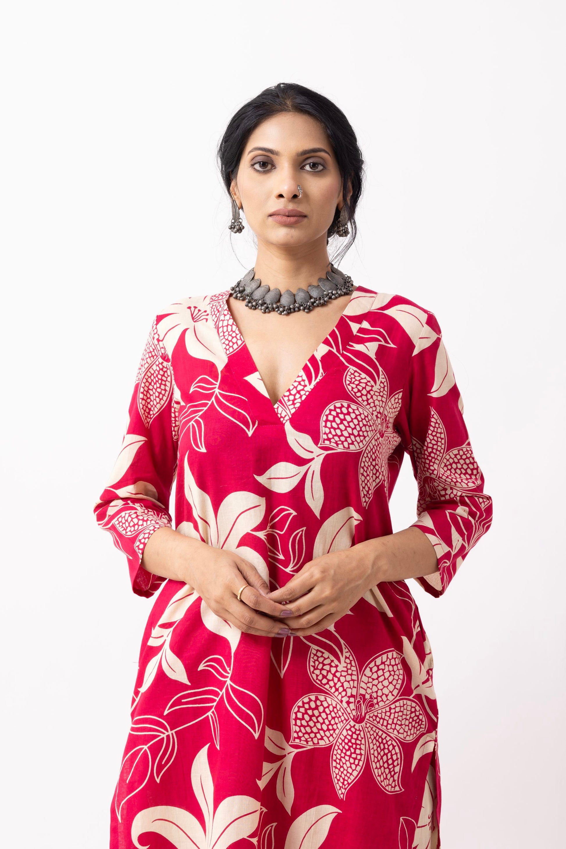 Crimson Red Block Printed Kali Kurta Set (Set of 2)- IC