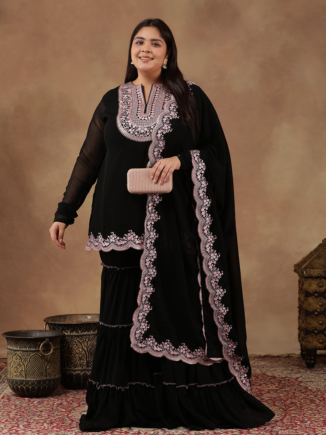 Plus Size Floral Embroidered Thread Work Kurta With Sharara & Dupatta - ID