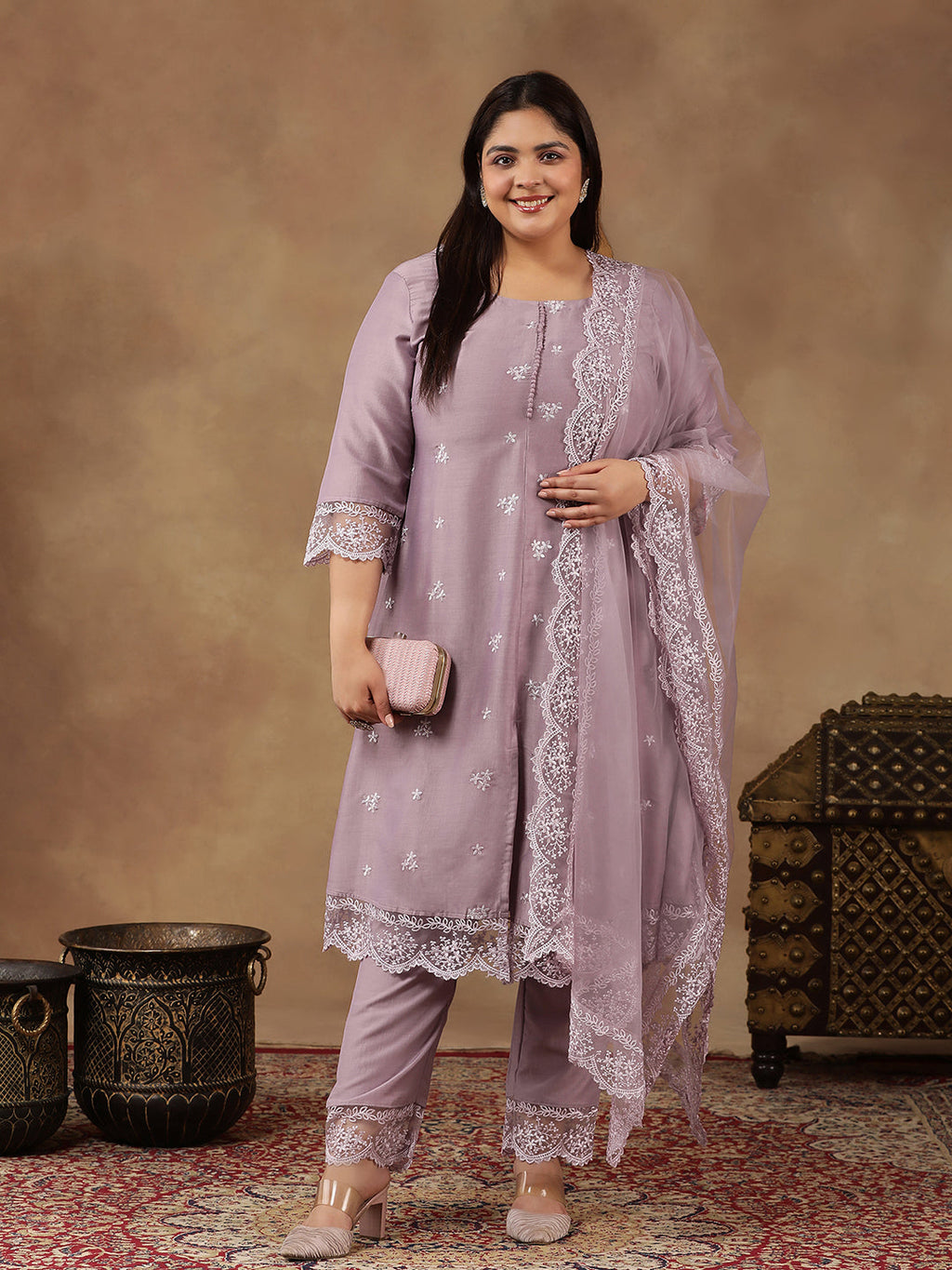 Plus Size Floral Embroidered Thread Work A-Line Kurta With Trousers & Dupatta - ID