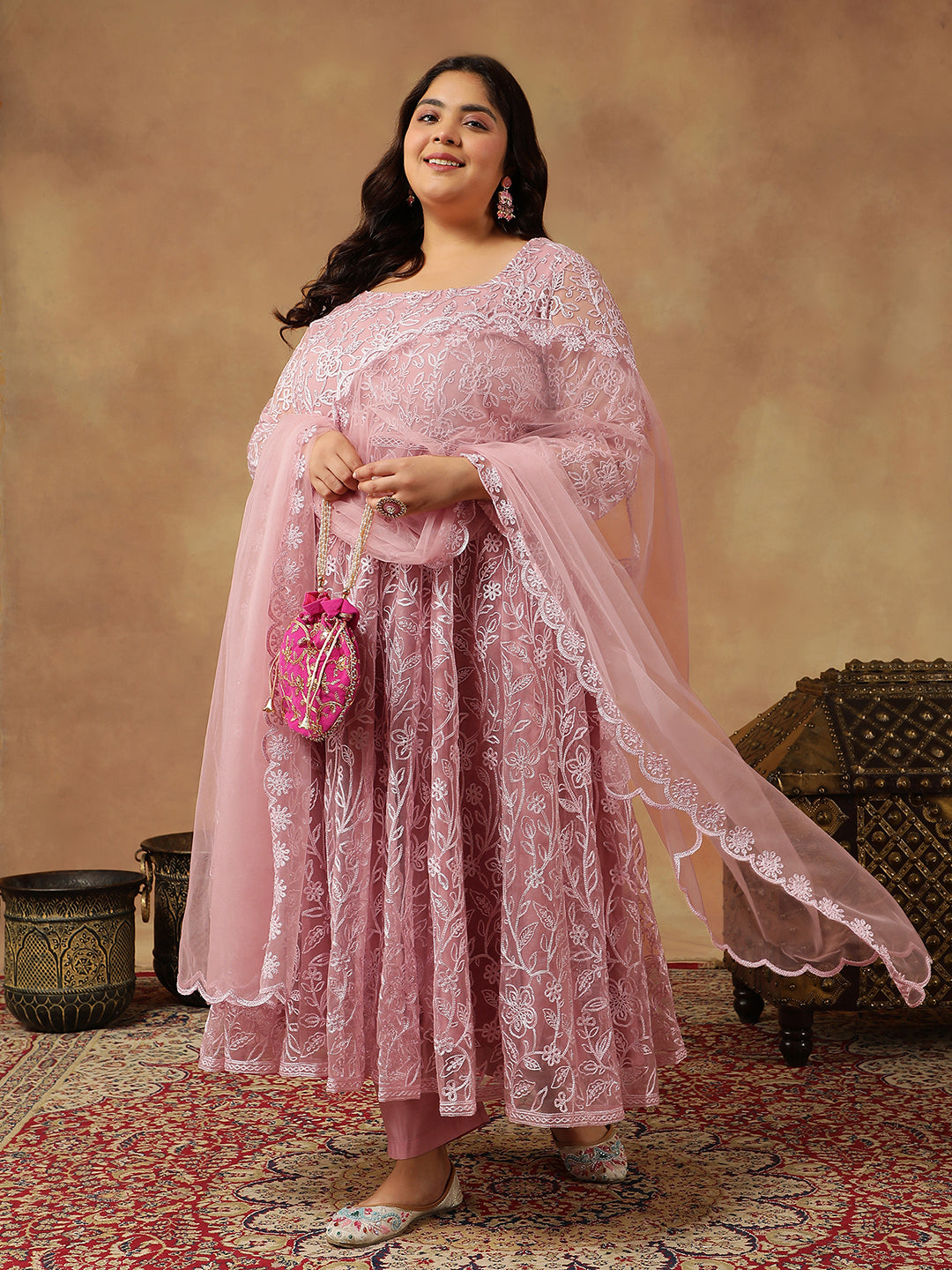 Floral Embroidered Regular Thread Work Anarkali Kurta With Trousers & Dupatta - ID