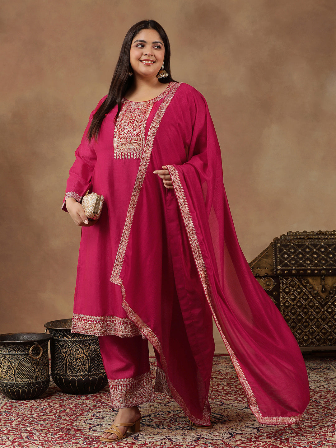 Plus Size Ethnic Motifs Embroidered Thread Work Kurta Trousers & With Dupatta - ID
