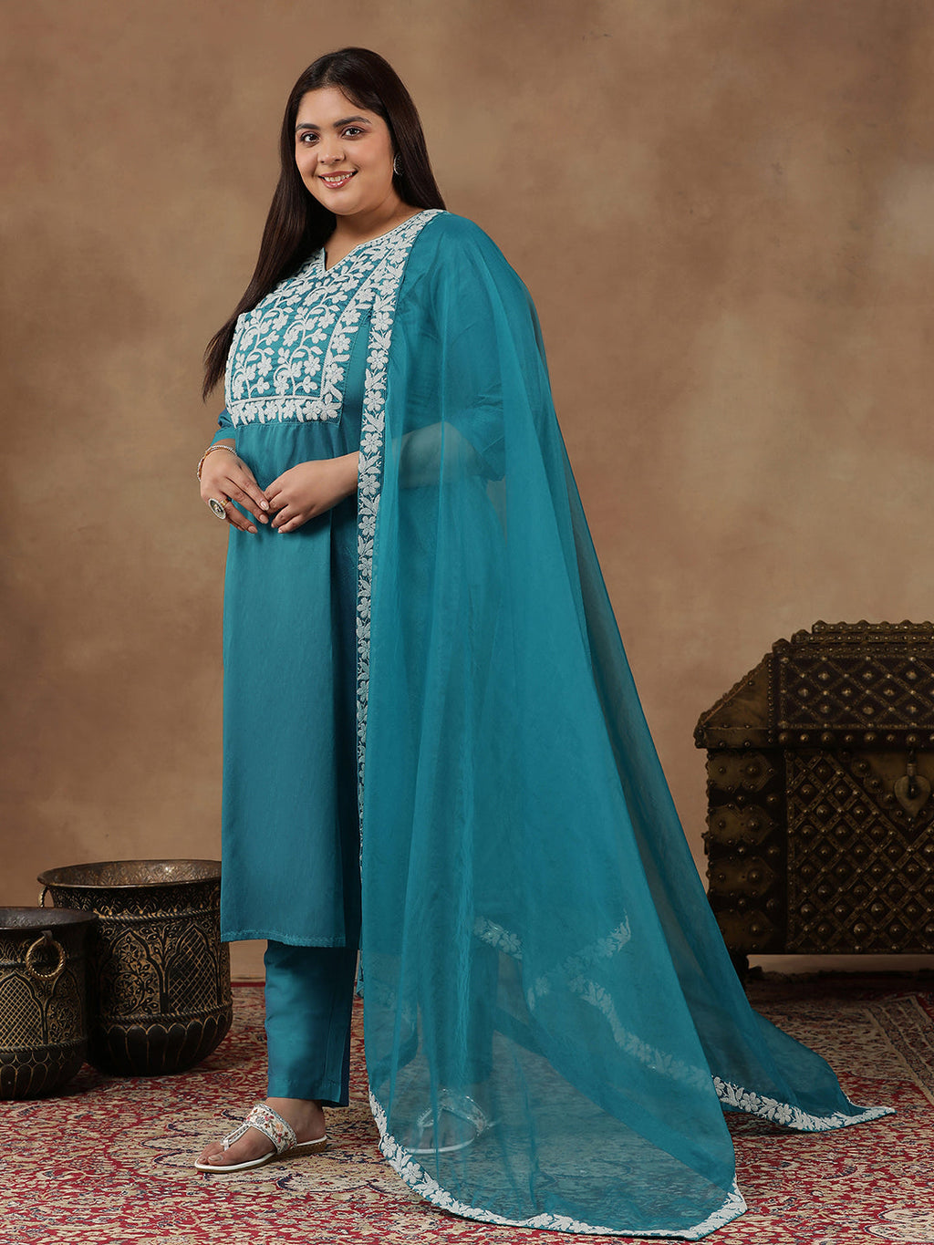 Plus Size  Floral Yoke Design Thread Work Straight Kurta With Trouser & Dupatta - ID