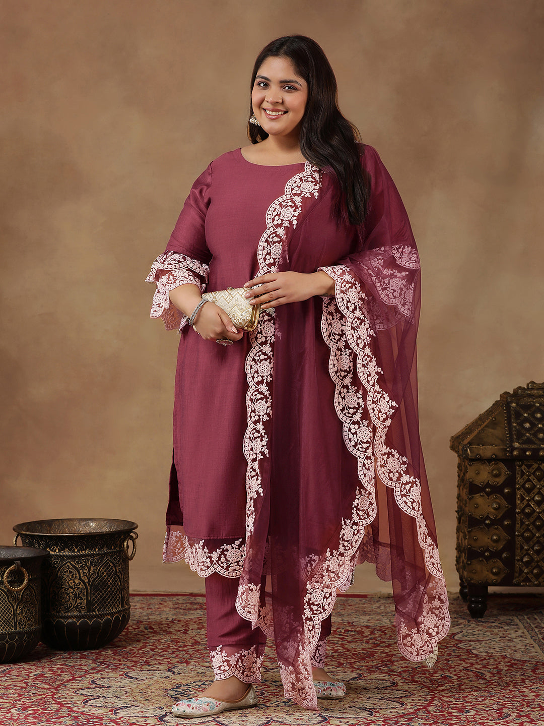 Plus Size Embroidered Thread Work Straight Kurta With Trousers & Dupatta - ID