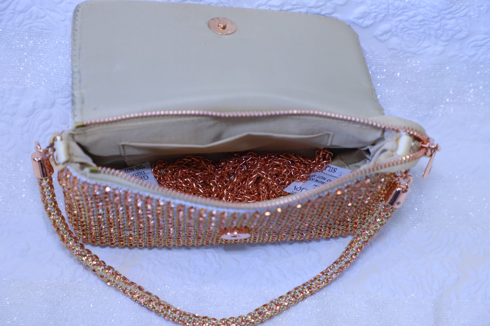 Swarovski Work Heavy Embroidery Rexin Flip Open Rose Gold Women Handbag