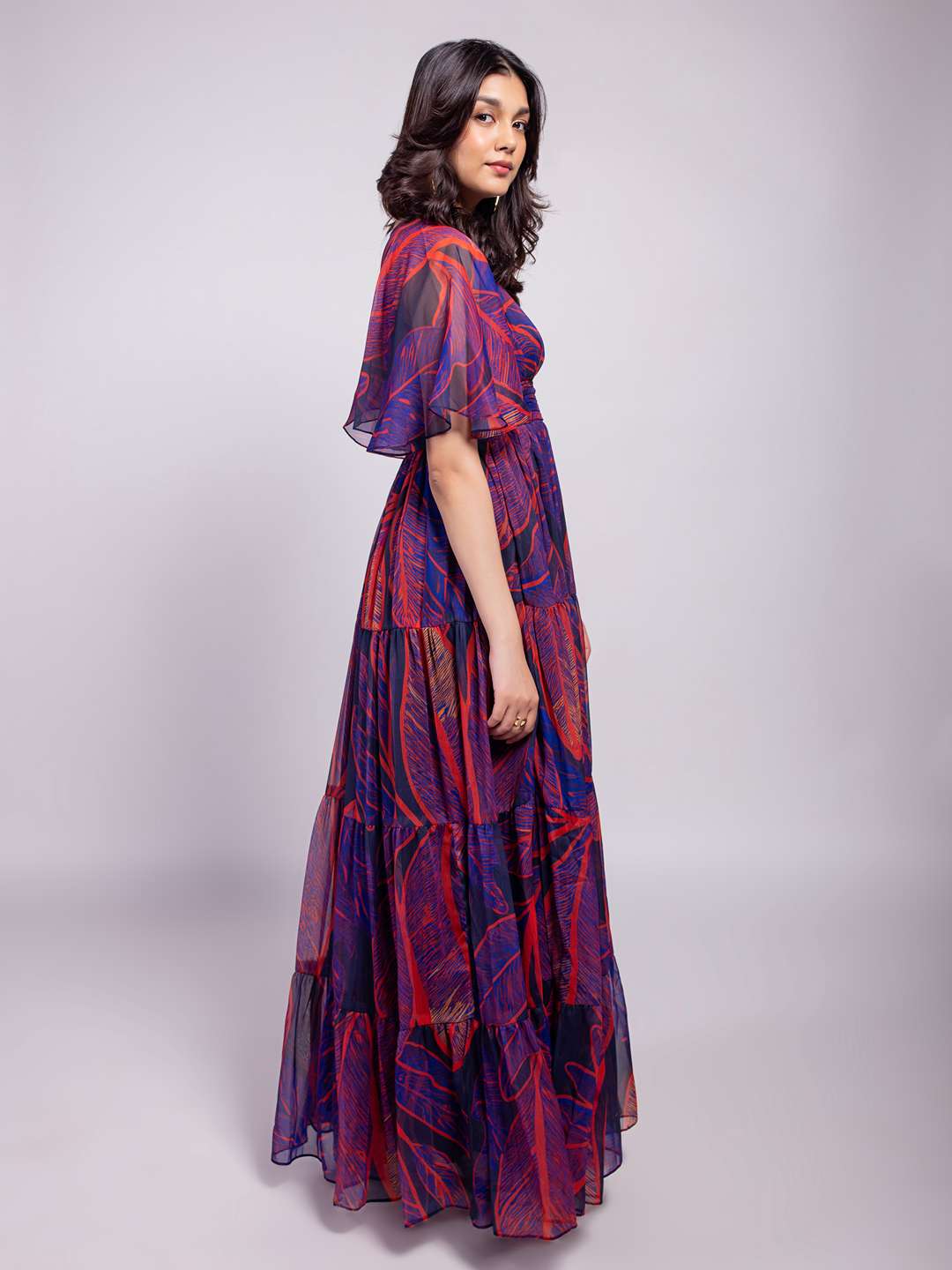 Foliage Printed Tiered Dress