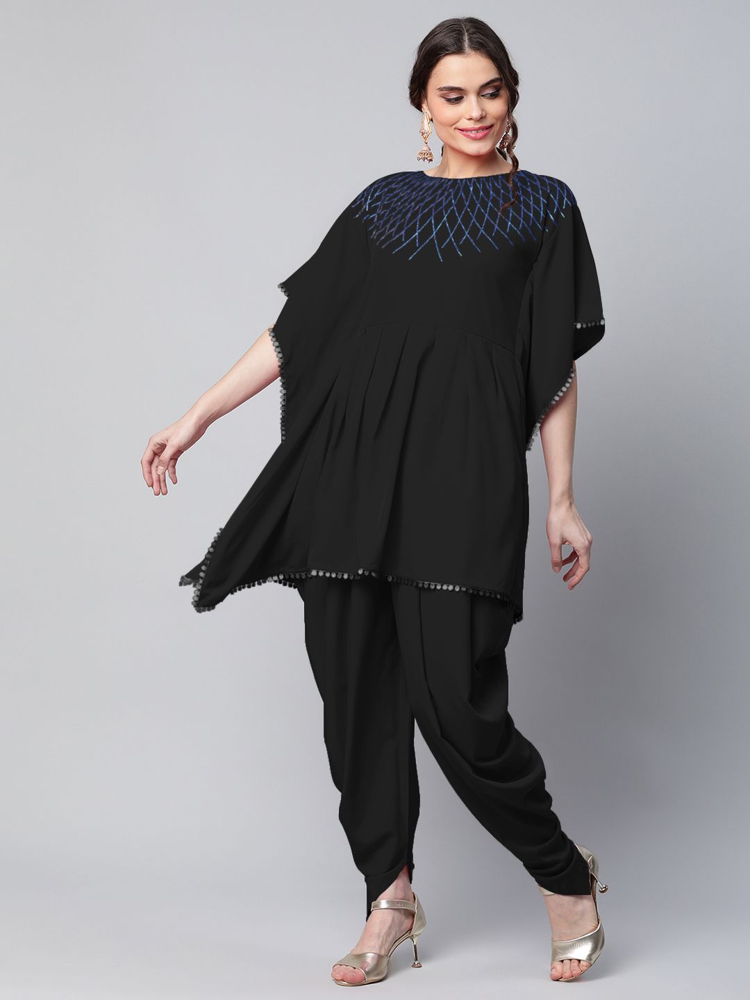 Black Glitter Printed Kurta with Dhoti Pants