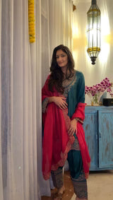 BOTTLE GREEN EMBROIDERED SET WITH CONTRAST DUPATTA- II