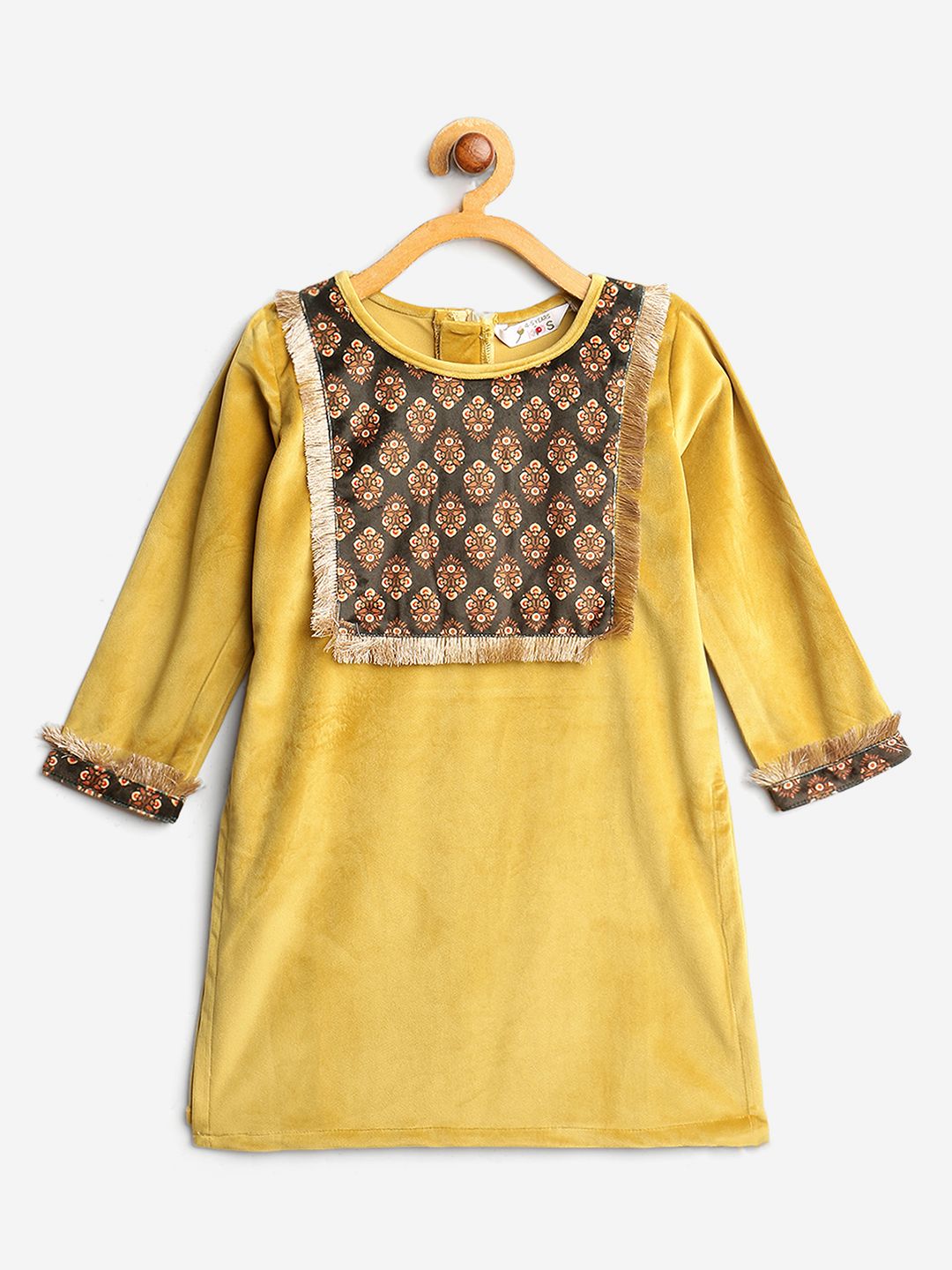 Mustard Yellow Digital Print Velvet Girls Kurta Palazzo Set