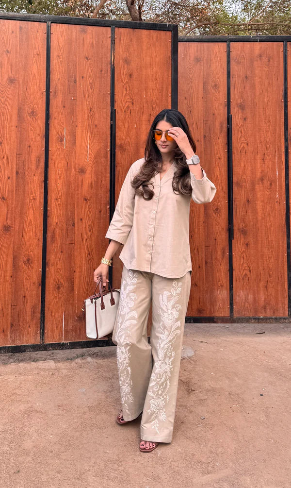 Beige Linen Floral Embroidered Set- II