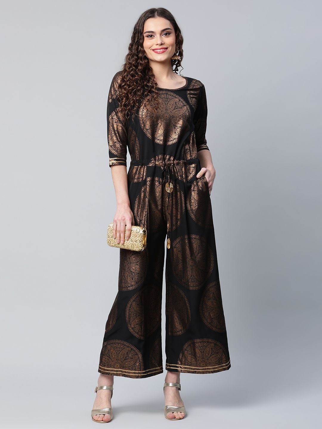 Black Crepe Copper Foil Printed Jumpsuit