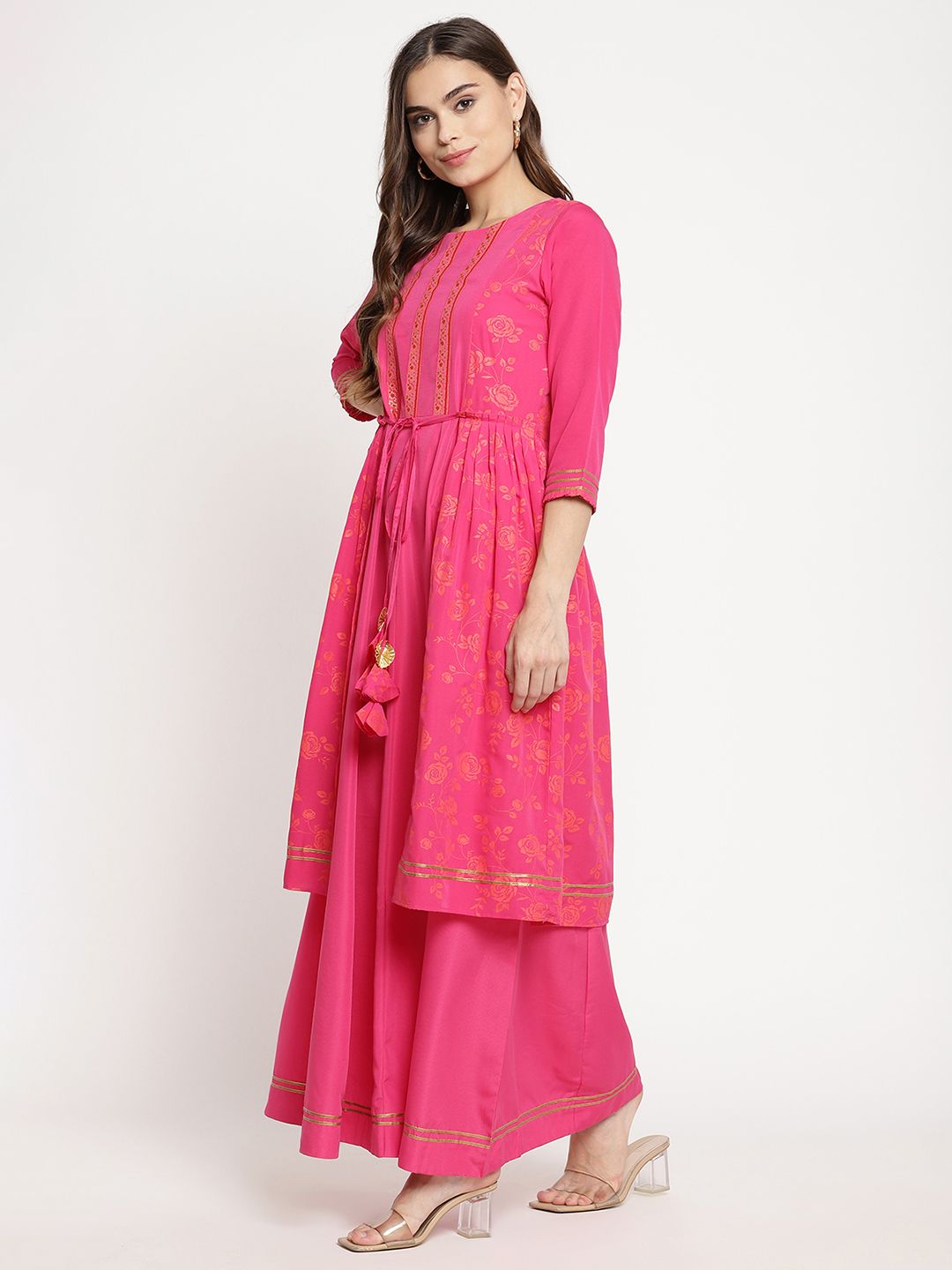 Dark Pink Printed Layered Tie- Ups Dress