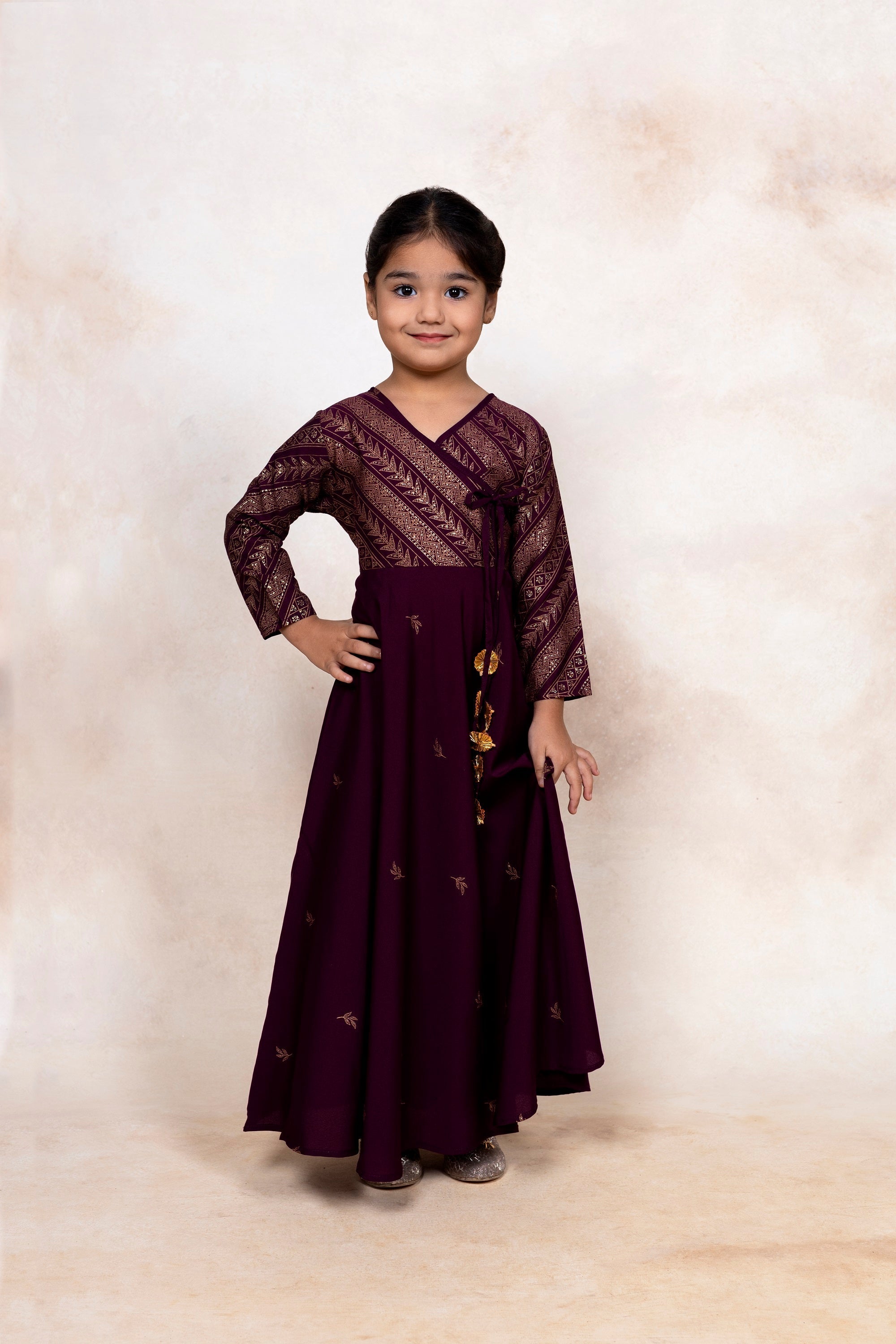 Burgundy & Gold Glitter Print Girls Kurta