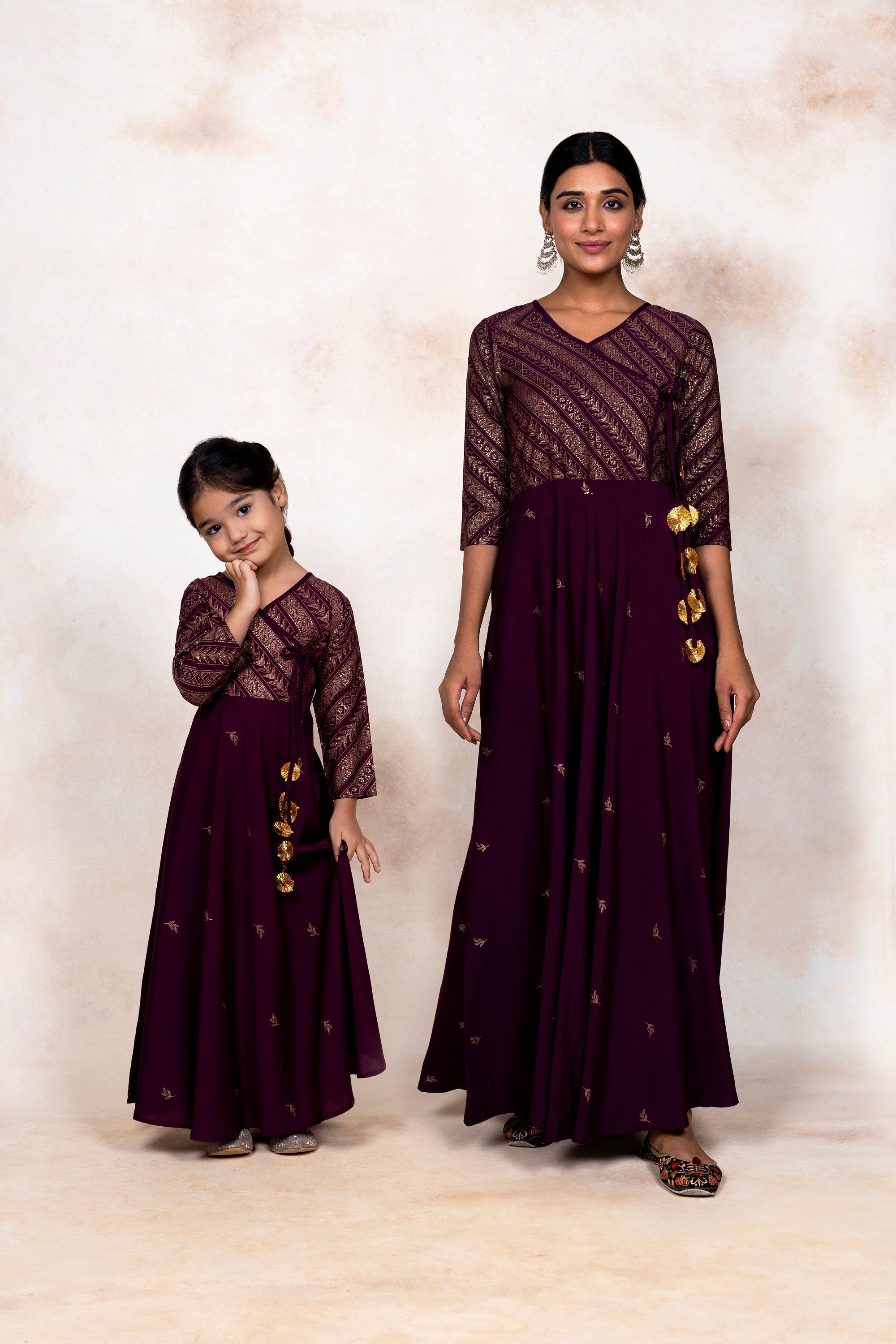 Burgundy & Gold Glitter Print Girls Kurta