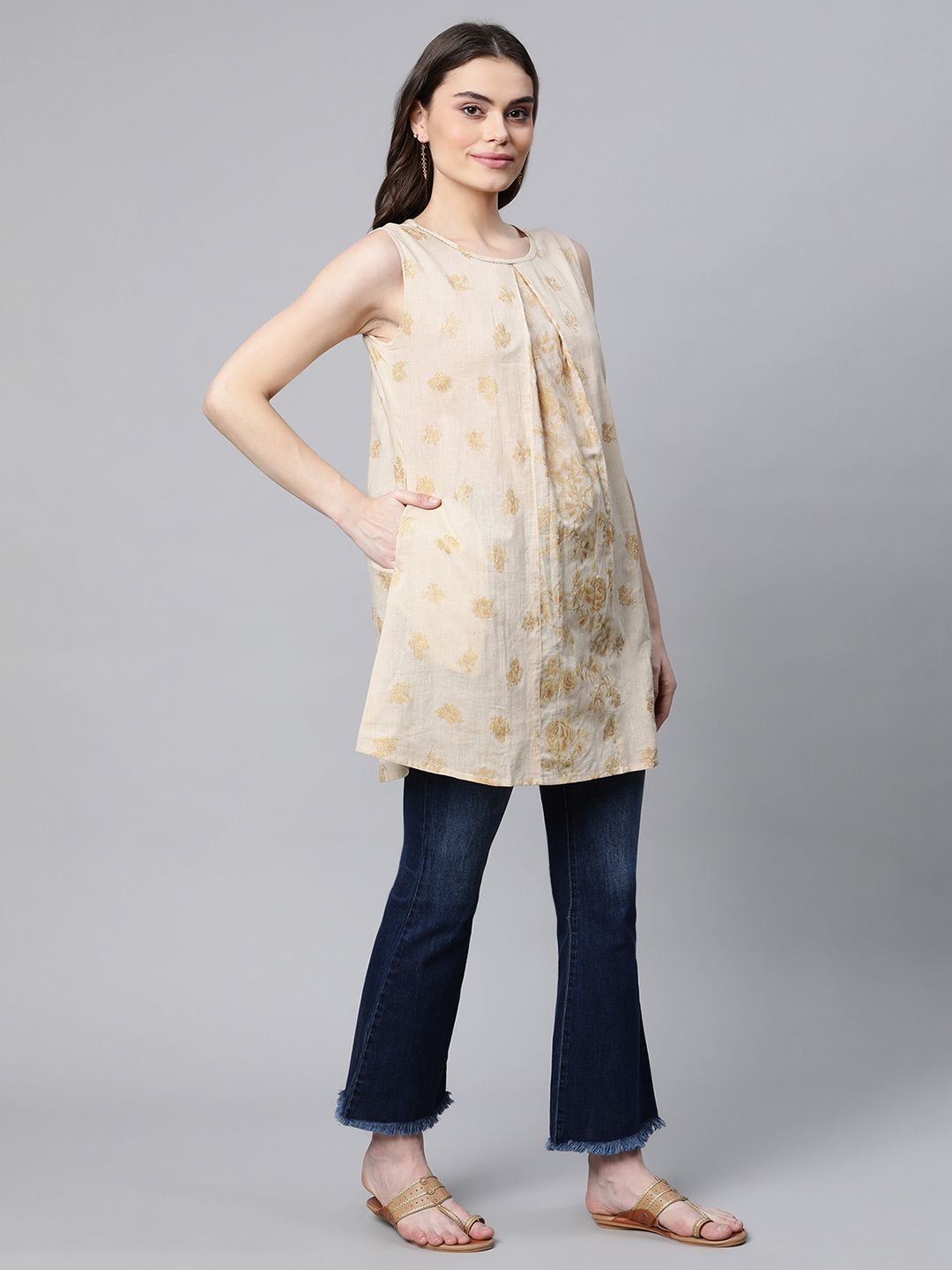 Beige Pure Cotton Floral Printed Tunic