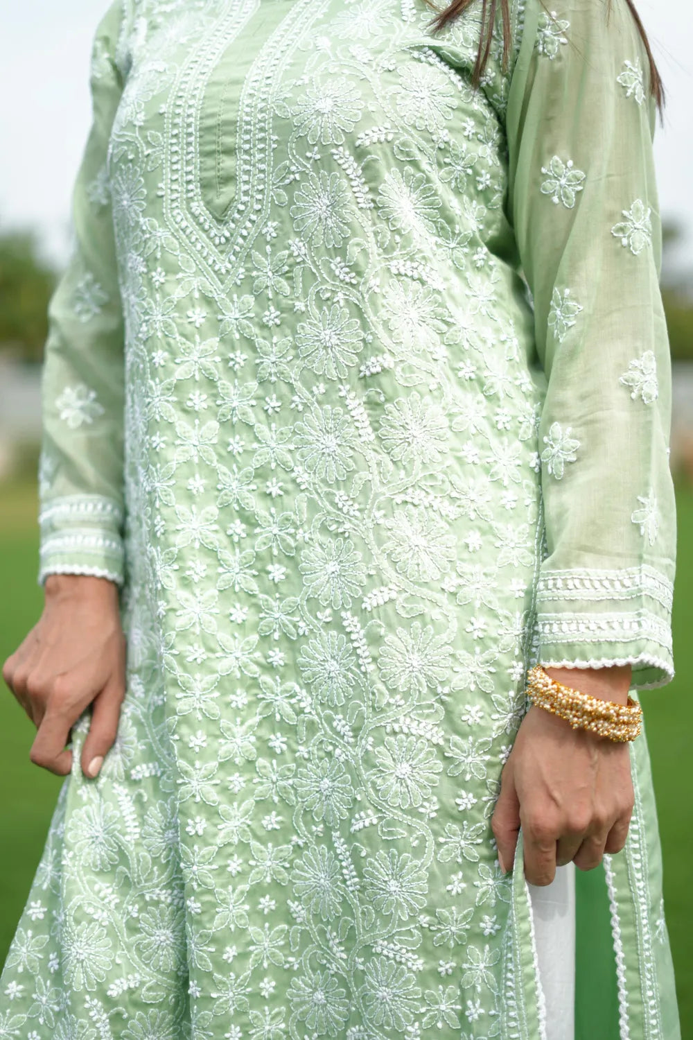 Green Chikankari Mul Cotton Designer Kurta