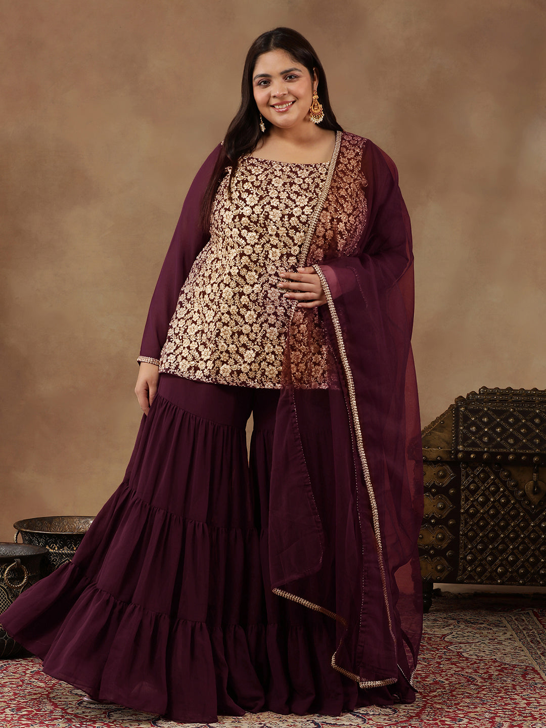 Floral Embroidered Regular Sequinned Straight Kurti with Sharara & Dupatta - ID