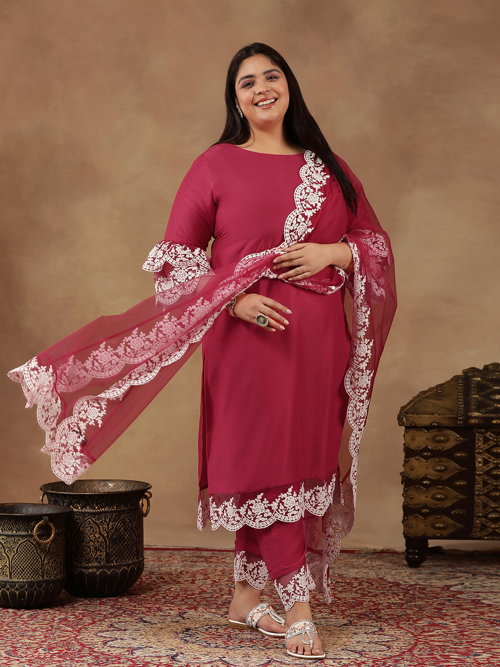 Plus Size Embroidered Thread Work Straight Kurta With Trousers & Dupatta - ID