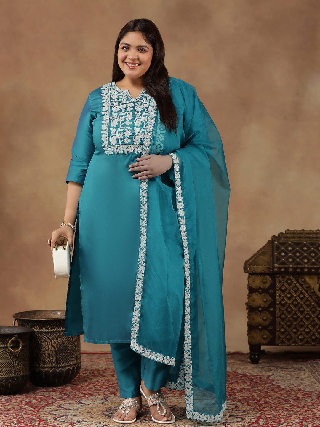 Plus Size  Floral Yoke Design Thread Work Straight Kurta With Trouser & Dupatta - ID