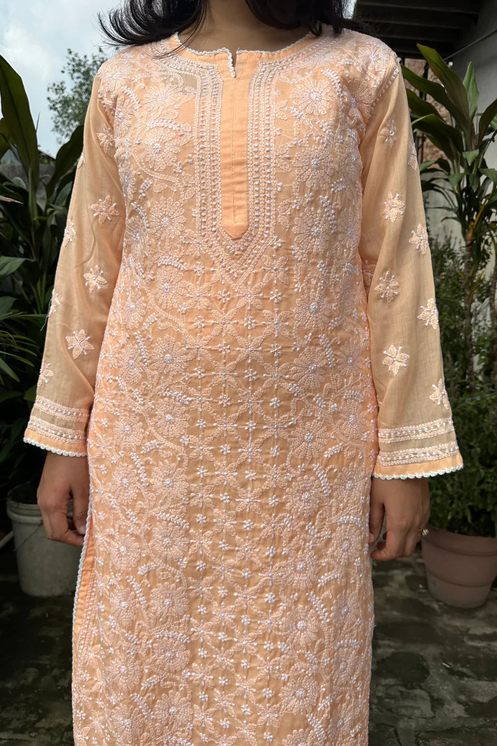 Orange Chikankari Mul Cotton Designer Kurta