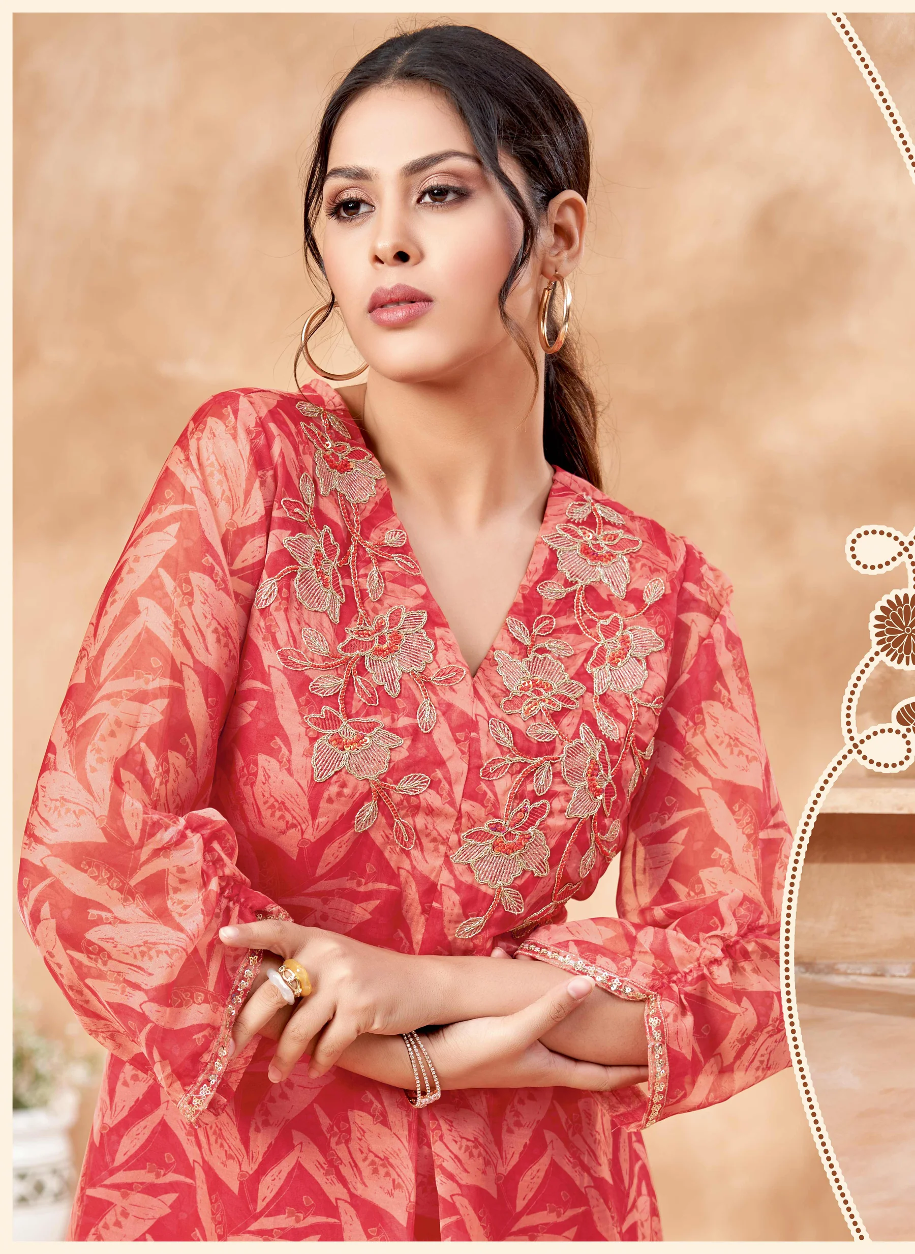Normichi Red Work Printed Co-ord Set- AL