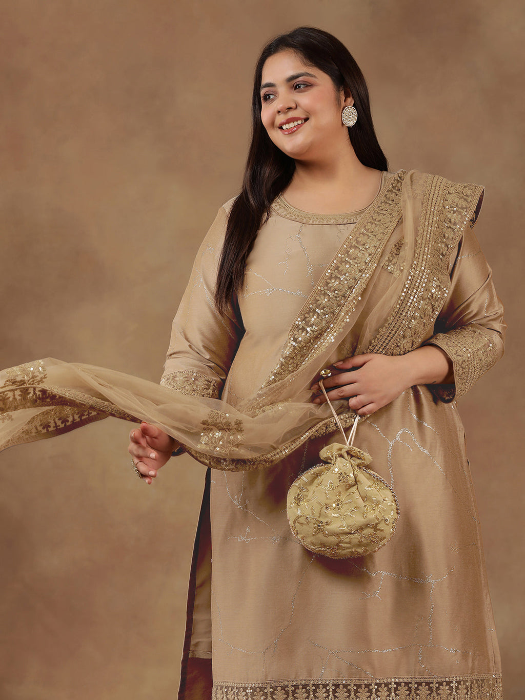 Plus Size Abstract Printed & Embroidered Kurta With Trousers & Dupatta - ID