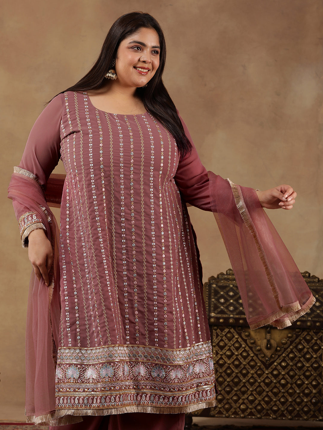 Women Ethnic Motifs Embroidered Regular Thread Work Kurta with Palazzos & With Dupatta - ID