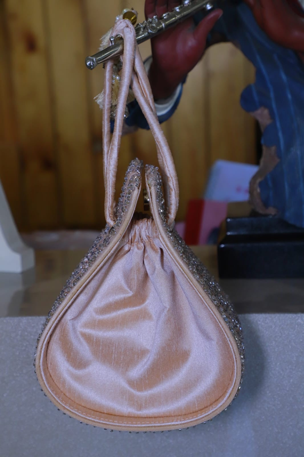 Sequence Work Heavy Embroidery Silk Pull String Peach Women Handbag
