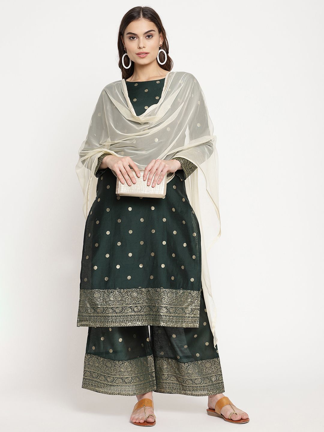 Dark Green Gold Print Kurta Palazzo Set With Dupatta