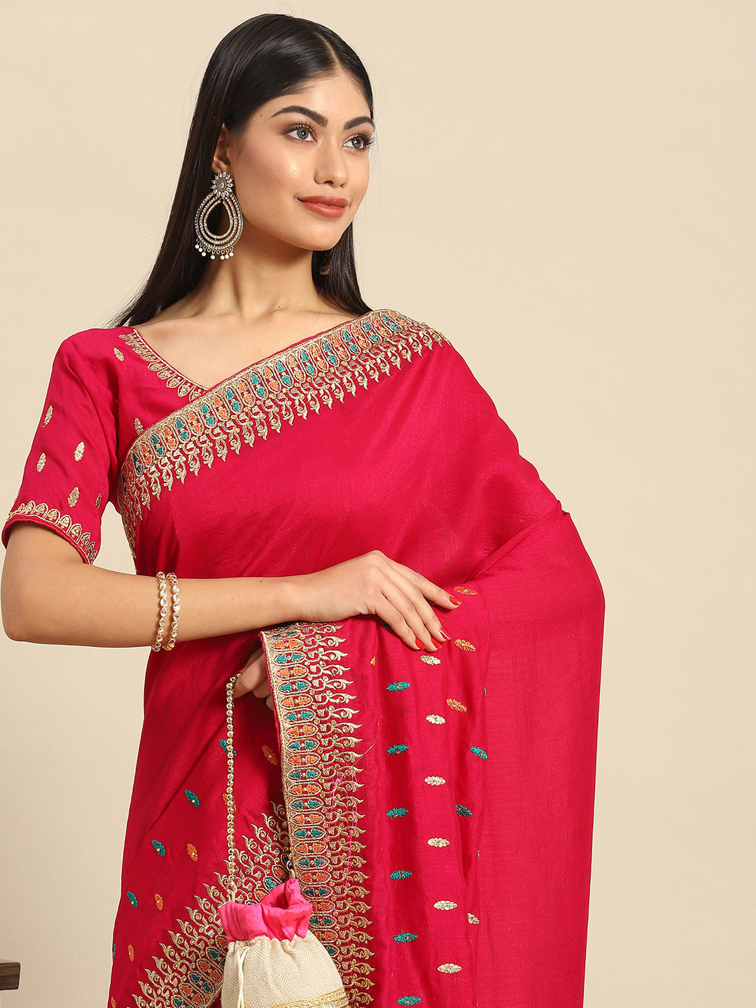 MITERA Silk Blend Pink Embellished Designer Saree With Blouse