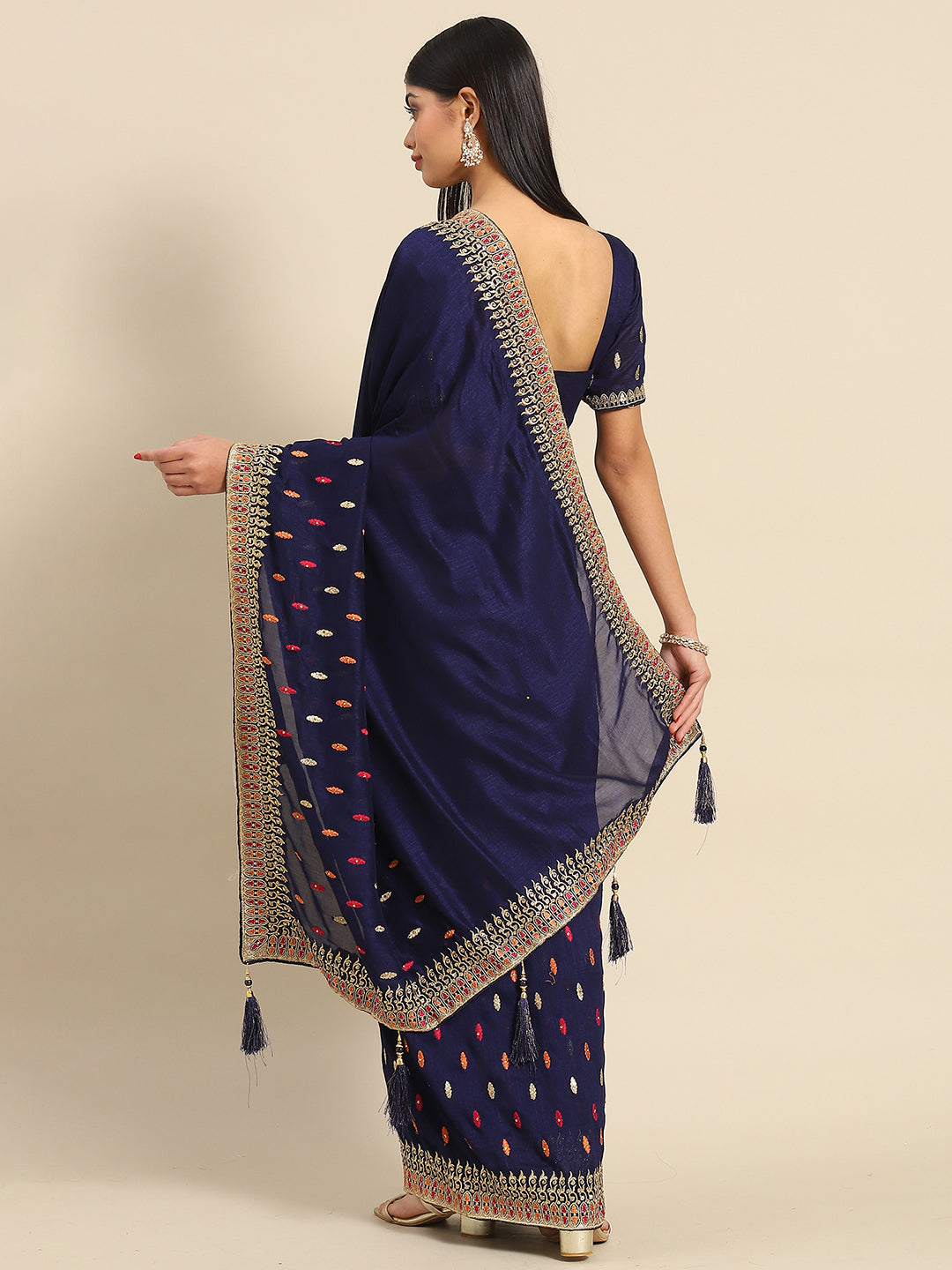 MITERA Silk Blend Navy Blue Embellished Designer Saree With Blouse