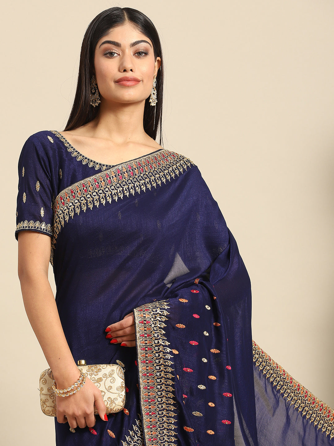 MITERA Silk Blend Navy Blue Embellished Designer Saree With Blouse