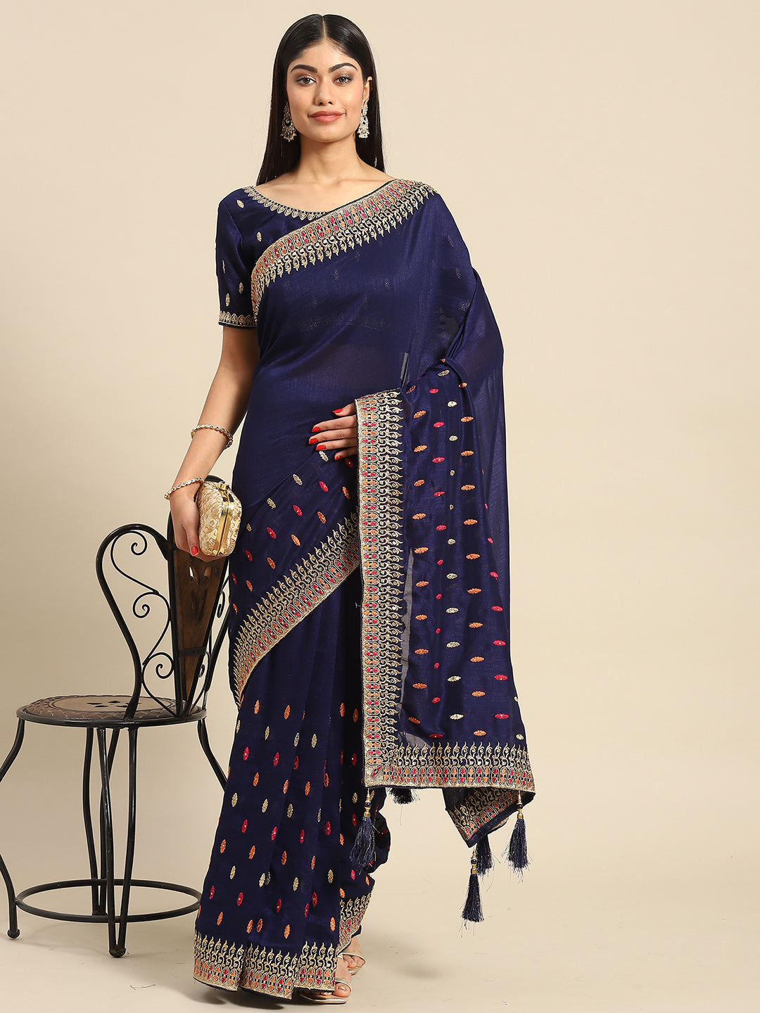 MITERA Silk Blend Navy Blue Embellished Designer Saree With Blouse