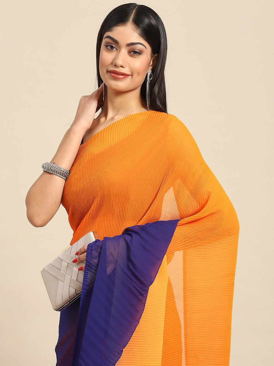MITERA Women's Pure Crepe Orange Solid DesignerSaree With Blouse Piece