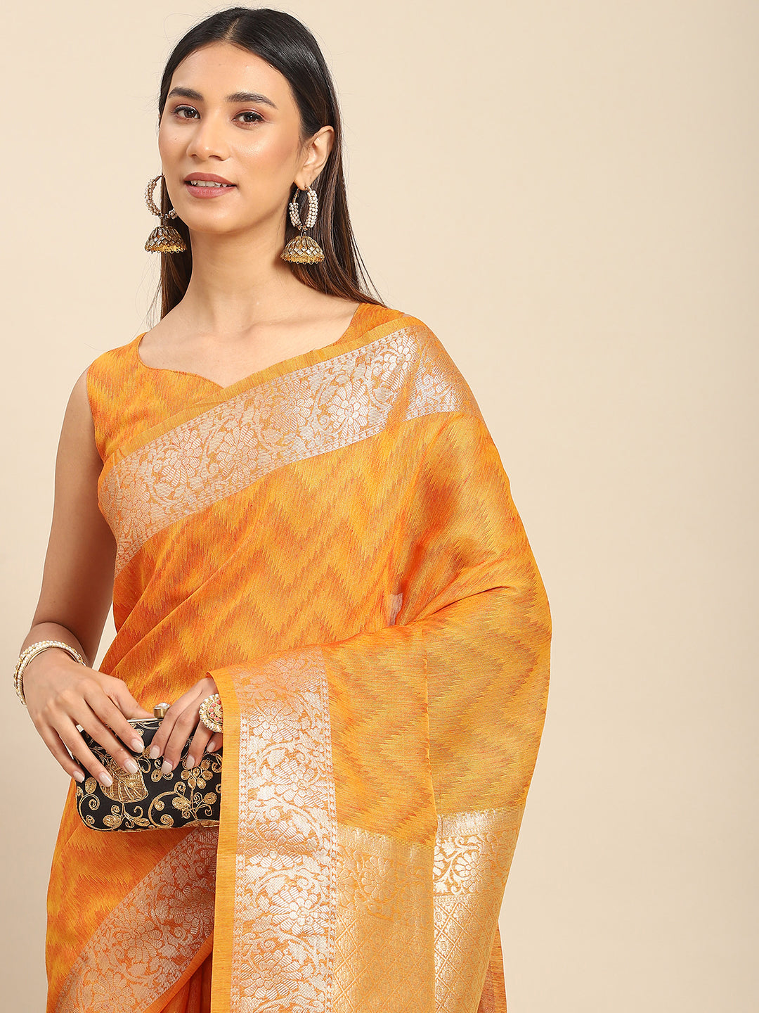 Cotton Blend Mustard Woven Design Designer Saree With Blouse