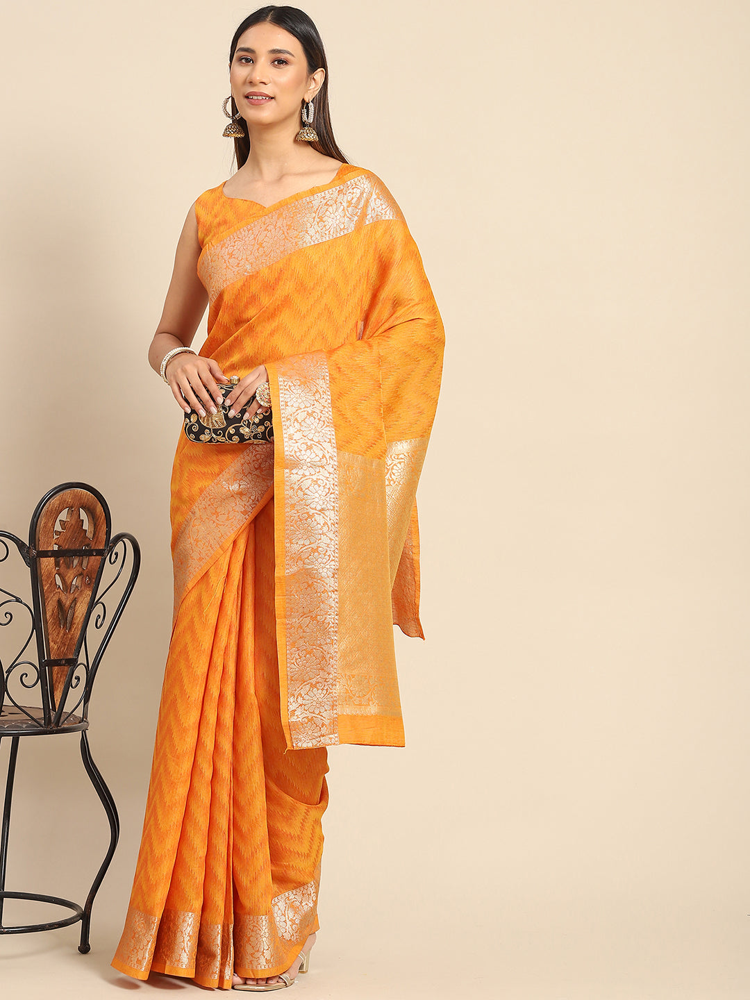 Cotton Blend Mustard Woven Design Designer Saree With Blouse