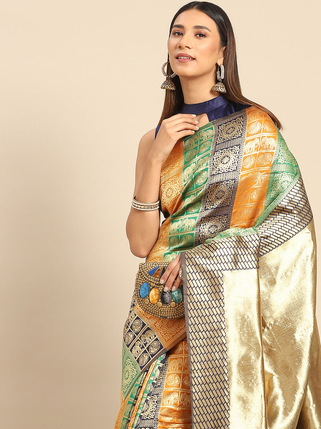 Silk Blend Multicolored Woven Design Designer Saree With Blouse