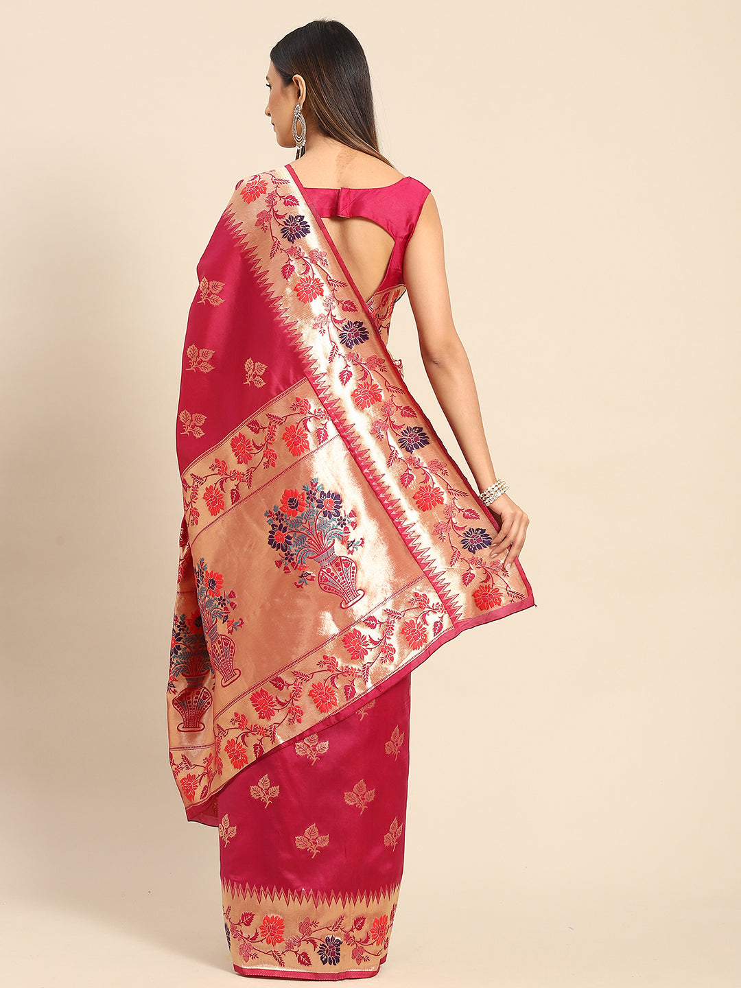 Silk Blend Magenta Woven Design Celebrity Saree With Blouse