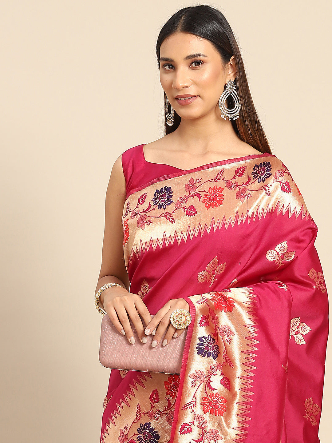 Silk Blend Magenta Woven Design Celebrity Saree With Blouse