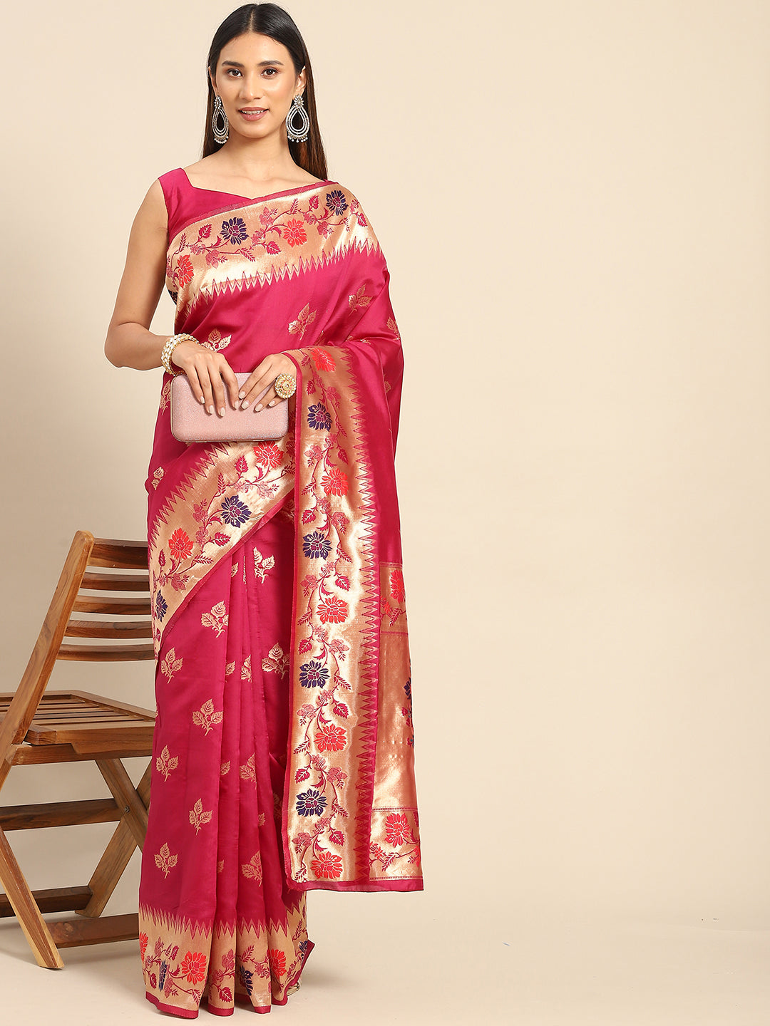 Silk Blend Magenta Woven Design Celebrity Saree With Blouse