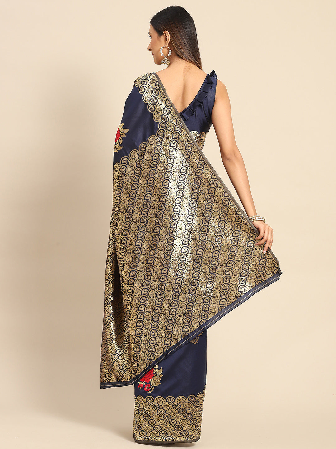 Silk Blend Navy Blue Woven Design Celebrity Saree With Blouse